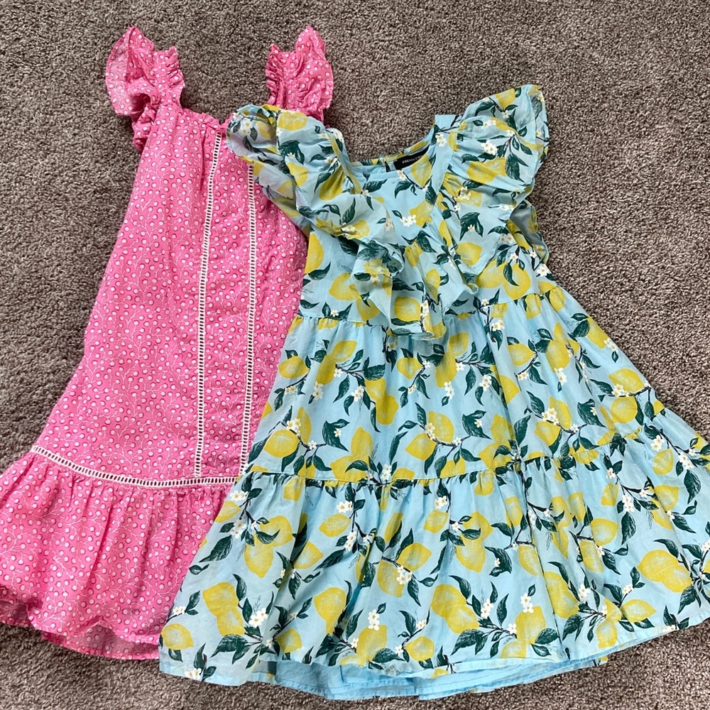2 French Connection Summer Dresses Lemon Citrus print Floral Ruffles Tiered sz S